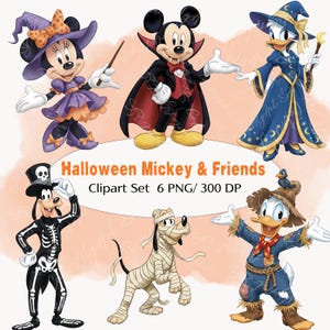 Könnte beinhalten: Ein digitales Clipart-Set mit Mickey Mouse und seinen Freunden in Halloween-Kostümen. Charaktere sind Minnie Mouse als Hexe, Mickey als Vampir und Donald Duck als Vogelscheuche. Der Text lautet "Halloween Mickey & Friends".