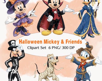 Halloween Micky & Friends Clipart-Set | Süßes Disney-inspiriertes PNG | Hexe Minnie, Vampir Micky, Magierin Daisy, Vogelscheuche Donald