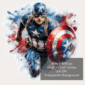 Può includere: Un'illustrazione ad acquerello di Capitan America che corre con il suo scudo. Indossa il suo iconico costume rosso, bianco e blu. Lo sfondo è un acquerello di rosso, bianco e blu.