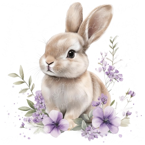 15 Fluffy Bunny in Floral Clipart - Watercolor Baby Rabbit Bundle, Pastel Nursery Art, Instant Download
