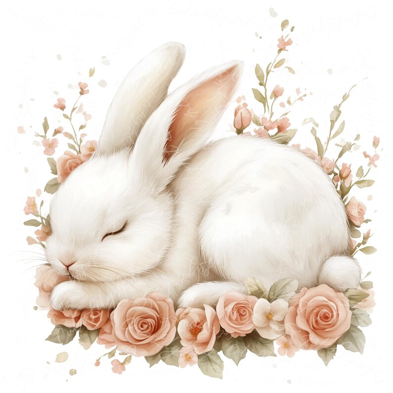 Puede incluir: Un conejo blanco con los ojos cerrados duerme pl&aacute;cidamente sobre un lecho de flores rosas y blancas. El conejo est&aacute; enroscado con la cabeza apoyada en sus patas.