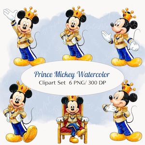 Akvarell clipart-set med Prins Musse Pigg | 6 PNG-bilder | Illustrationer av kungliga Musse Pigg | Clipart med födelsedagsinbjudningar | Dekor för babyshower