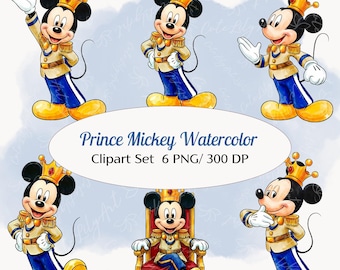 Conjunto de imágenes prediseñadas de acuarela del Príncipe Mickey / 6 PNG / Ilustraciones de Mickey Mouse real / Imágenes prediseñadas de invitación de cumpleaños / Decoración de baby shower