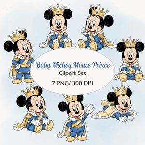 Puede incluir: Un conjunto de imágenes prediseñadas con siete ilustraciones de Baby Mickey Mouse vestido de príncipe. Cada imagen muestra a Mickey con un atuendo azul y dorado, con corona y capa. Se incluye el texto "Baby Mickey Mouse Prince Clipart Set".