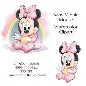Baby Minnie Mouse clipart aquarel bundel-2 pngs baby meisje illustratie-roze regenboog baby shower decoraties-afdrukbare digitale set