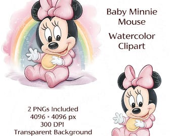 Baby Minnie Mouse Clipart Watercolor Bundle - 2 PNGs Baby Girl Illustration - Pink Rainbow Baby Shower Decorations - Printable Digital Set