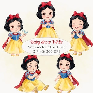 ベビー白雪姫のクリップアート – 5 PNG | 水彩プリンセスのクリップアート | かわいいベビー白雪姫のPNGセット、おとぎ話の保育園アート