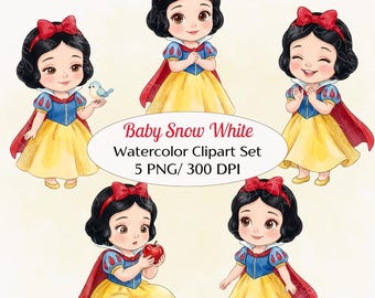 Clipart de Blancanieves bebé – 5 PNG / Clipart de princesas en acuarela / Lindo conjunto de PNG de Blancanieves bebé, arte infantil de cuento de hadas