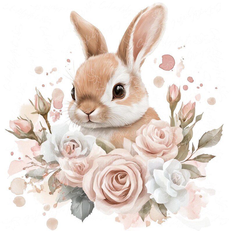 Puede incluir: Una ilustraci&oacute;n de acuarela de un conejo marr&oacute;n con rosas rosas y blancas. El conejo est&aacute; rodeado de rosas rosas y blancas y hojas verdes. El fondo es blanco con salpicaduras de acuarela rosa.