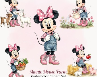 Minnie Mouse Farm Clipart Set, Cute Watercolor Farm Animals PNG, Pink Barnyard Birthday, Feeding Goats Chicks, Nursery Sublimation