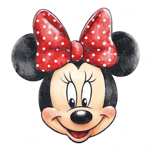 Clipart PNG de Minnie Mouse, linda cara de Minnie con lazo rojo, diseño de dibujos animados en acuarela, gráfico de sublimación, archivo imprimible de calcomanías