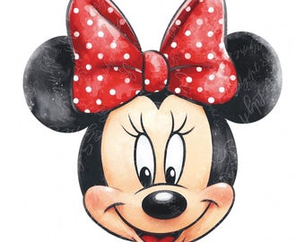 Minnie Maus PNG Clipart, Minnie Gesicht mit roter Schleife, Aquarell Cartoon Design, Sublimationsgrafik, Aufkleber druckbare Datei