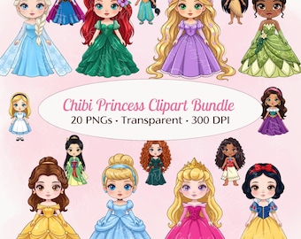 Puede incluir: Una colección de imágenes prediseñadas de princesas estilo chibi. Las princesas están representadas con varios vestidos, con detalles como pelo largo y accesorios. El texto "Chibi Princess Clipart Bundle" es visible.