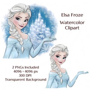 Elsa Frozen PNG Clipart Watercolor - 2 PNGs Included - Ice Castle Background & Elsa Illustration - Perfect for DIY Projects