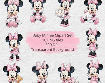 Baby Minnie Clipart-Set | Rosa Minnie Aquarell PNG | Süße Disney Maus als digitaler Download für Geburtstag, Kinderzimmer, Baby Shower Party Dekoration