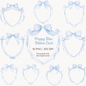Acquerello Blue Ribbon Crest Frames PNG - Preppy Digital Clipart - Eleganti elementi di scrapbooking per inviti e progetti