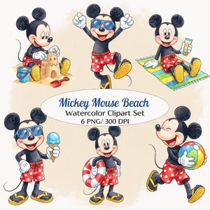 Könnte beinhalten: Aquarell-Clipart-Set mit Micky Maus am Strand. Micky wird in verschiedenen Posen gezeigt, darunter beim Bau einer Sandburg, mit Sonnenbrille und einem Strandball. Der Text "Mickey Mouse Beach" ist ebenfalls enthalten.