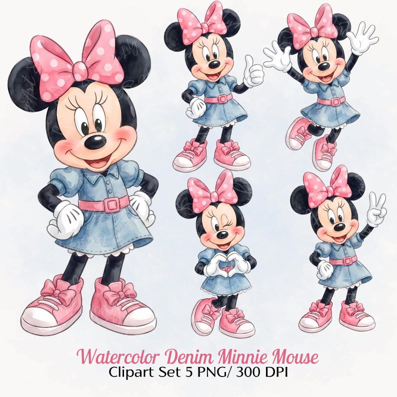 May include: A digital illustration set featuring five poses of a cartoon mouse character wearing a blue denim dress, a pink belt, and pink trainers. The character has black ears, a pink polka-dot bow, and white gloves. Text reads: Watercolor Denim Minnie Mouse Clipart Set 5 PNG/ 300 DPI.