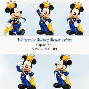 Akvarell Musse Prins Clipart • 5 PNG-set • Kungligt blå & guld Musse Clip Art • Födelsedagsinbjudningsgrafik • Utskrivbar digital nedladdning