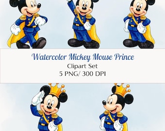 Clipart de Mickey Prince en acuarela • Conjunto de 5 PNG • Clip Art de Mickey azul real y dorado • Gráficos de invitación de cumpleaños • Descarga digital imprimible