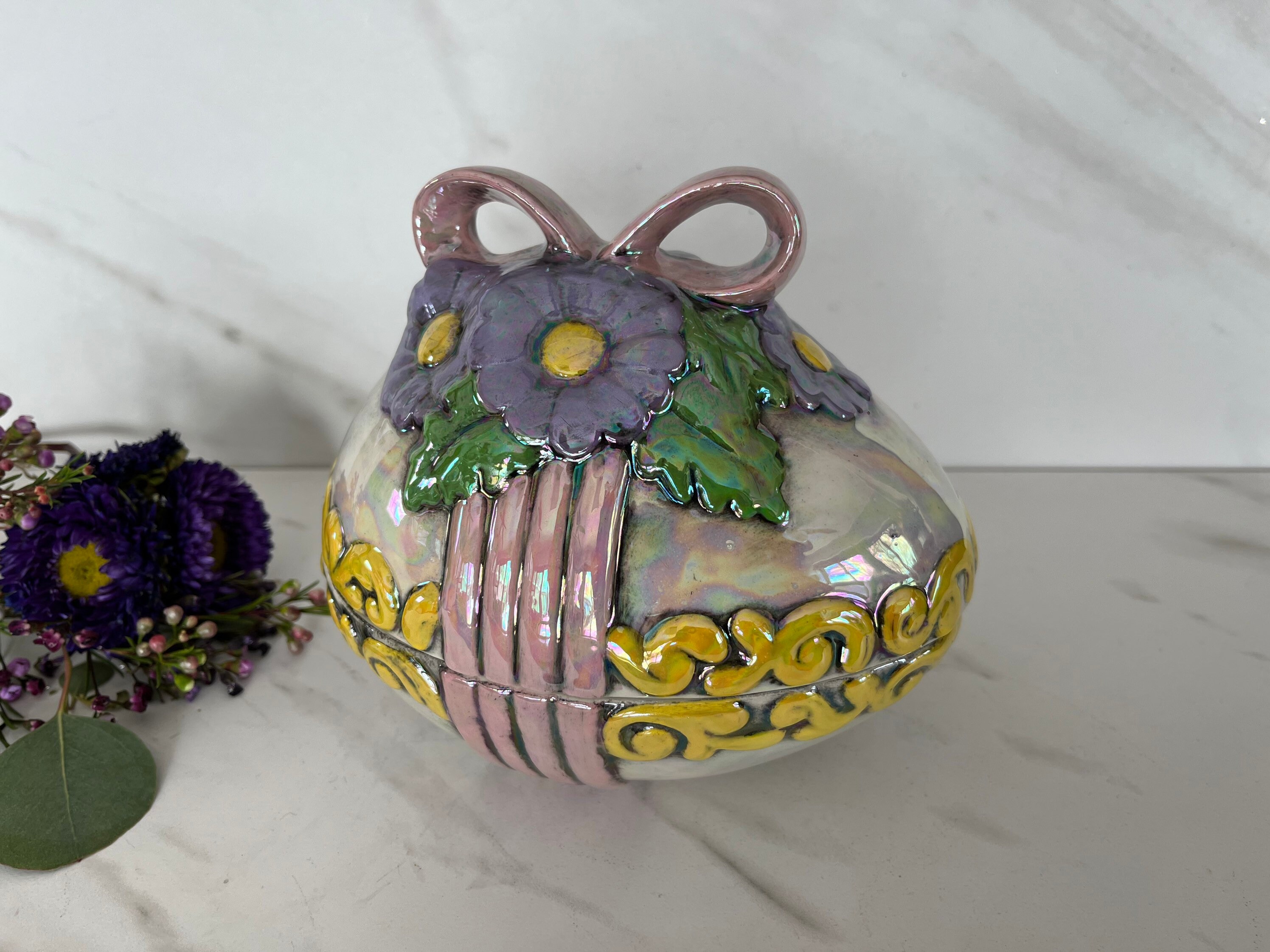 Ceramic Hand Painted Iridescent Covered Easter Egg Candy Dish Etsy