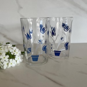 Antique Vintage Swanky Swig Tulip. Flower Design Kraft Cheese Juice Jar Glasses. 1940’s. Made by Hazel Atlas