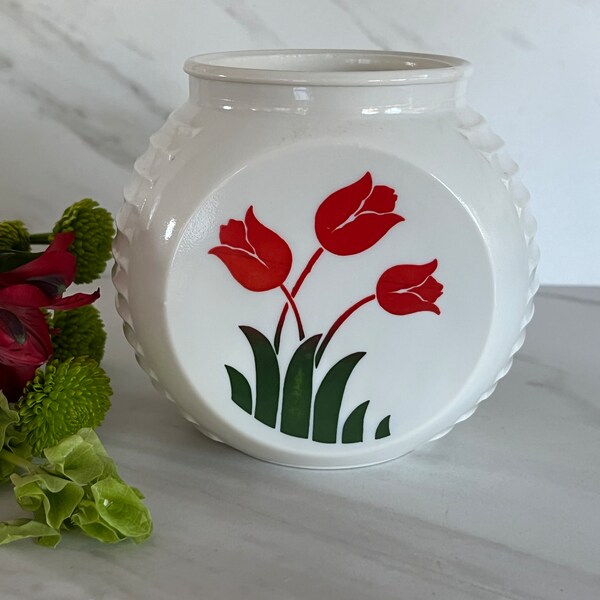 Vintage Fire King Vitrock Red Tulip Grease Jar or Vase. Made in USA