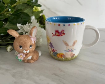 Vintage Ceramic Bisque 1982 Bunny Figurine and 2007 Easter Starbucks Miniature Jelly Bean Expresso Mug.