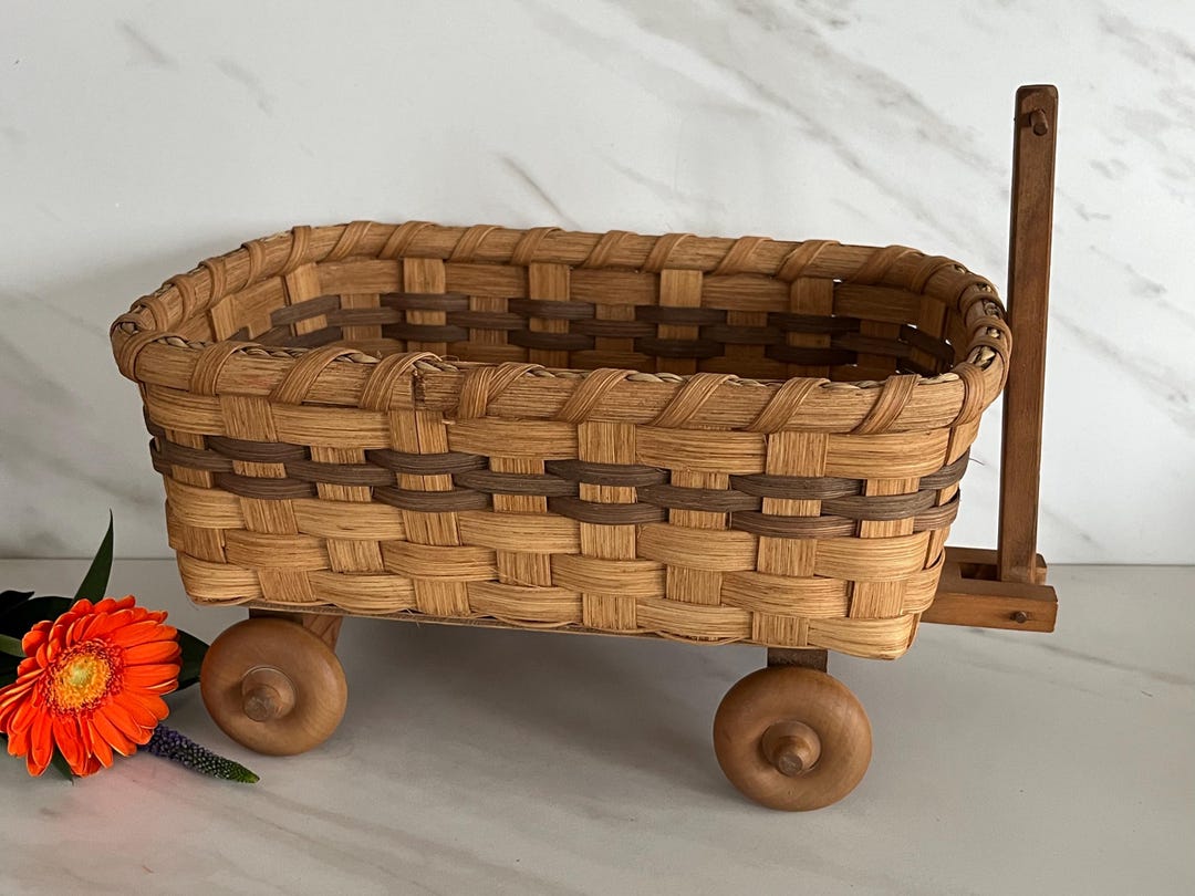 Vintage Folk Art Wicker and Wooden Wagon With Hand Pull. Pefect Doll or ...