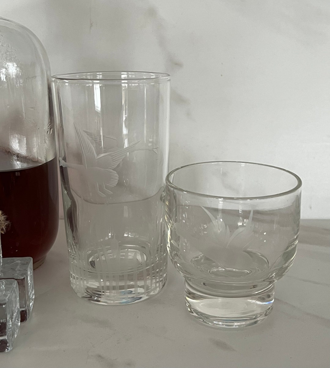 Vintage Fancy Etched Whiskey and Small Low Ball Rocks Whiskey Glass ...
