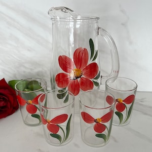 Vintage Frosted Hand Painted Flower Juice, Water or Whiskey Glasses and Matching Pitcher. Set of Four Glasses.