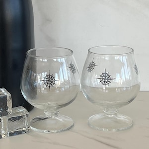 Vintage Clear Cognac or Brandy Snifter Cordial Glasses with Black Nautical Compass. Set of Two 1960’s. *Read size