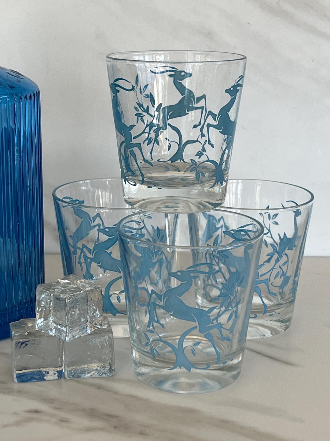 Federal Glass Gazelle Low Ball Rocks Whiskey Glasses 1950’s. Blue. Set ...