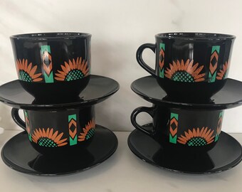 Vintage Black Milk Glass with Beautiful Modern Sunflower Aztec Design. Cold Painted. 1960’s