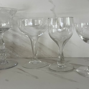 Antique Crystal Champagne or Coupe Assorted Glasses. Set of Four. 1930-1950’s
