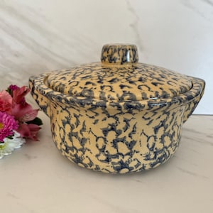 May include: A ceramic casserole dish with a lid. The dish is beige with a blue spotted pattern. The lid has a small knob on top. The dish has two small handles on either side. A bouquet of flowers is in the background.