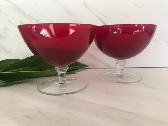 Vintage Short Stem Ruby Red Cup Clear Stem Oyster, Sherbet, Martini,  Champagne or Coupe Glasses . 