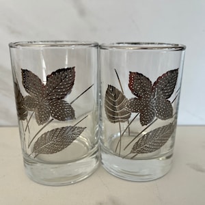 Vintage Libbey Silver Foliage Whiskey or juice Glasses with Silver Rim Marked Libbey 1960’s Set of Two.