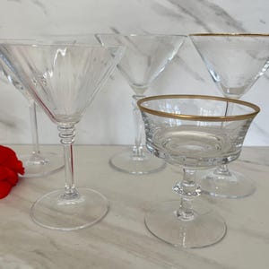 Crystal Assorted Vintage Crystal Stem Champagne, Martini or Coupe Glasses. Set of Five.