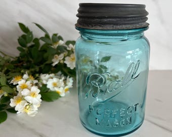 Antique Vintage Ball Blue Glass Perfect Mason Jar with zinc Ball lid Marked “Perfect Mason ”#8 on Bottom.