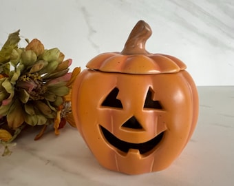 Pumpkin Light “Pumpkin Patch” Vintage Halloween Porcelain Bisque Pumpkin Jar Tea Light Light. Made for PartyLite. 3.25x3.5