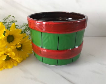 Redware Wooden Bucket Style Replo Vintage Ceramic Bucket Planter. Cold Painted. #6233 Made in Japan.