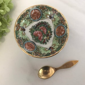 Vintage Porcelain Hand Painted with Gold Trim Salt or Spice Bowl with Original Gold Spoon. Marked on Back made in China. 1960/1970’s.