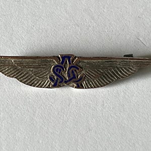 May include: Vintage silver-toned pin in the shape of wings, with a blue and silver emblem at the center. The wings have detailed feather etching. The pin has a clasp on the back. A classic aviation-themed accessory.
