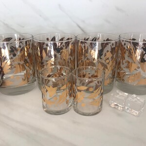 MCM Style Gold Leaves Low Ball Whiskey Bourbon Rocks and Whiskey Shot Glass Set 1960/1970’s