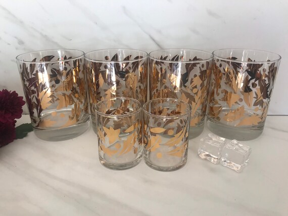 4 Vintage MCM 60s Libbey Gold Coin Low Ball Whiskey Barware Tumblers Glasses 