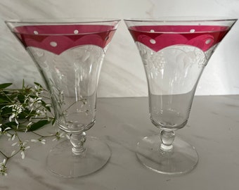 Gorgeous Vintage Cranberry Flashed Crystal Stem Pedestal Dessert Glasses with etched Grapes. Set of 2