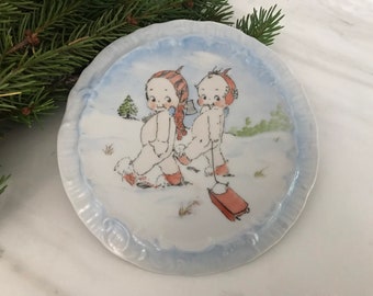 Kewpie Vintage China Porcelain Hand Painted Kewpie Christmas Plate signed by Artist Binet 1970’s