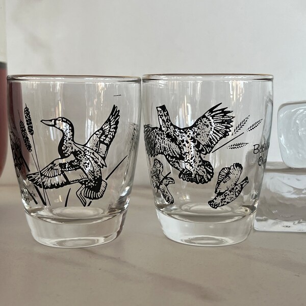 MCM Vintage Game Birds Black Duck and Bobtail White Quail Shot Glass Set 1960’s