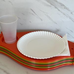 Retro Picnic or Bbq Plate and Cup holders. Set of Seven. Orange, Gold and Avocado Green. 1970’s